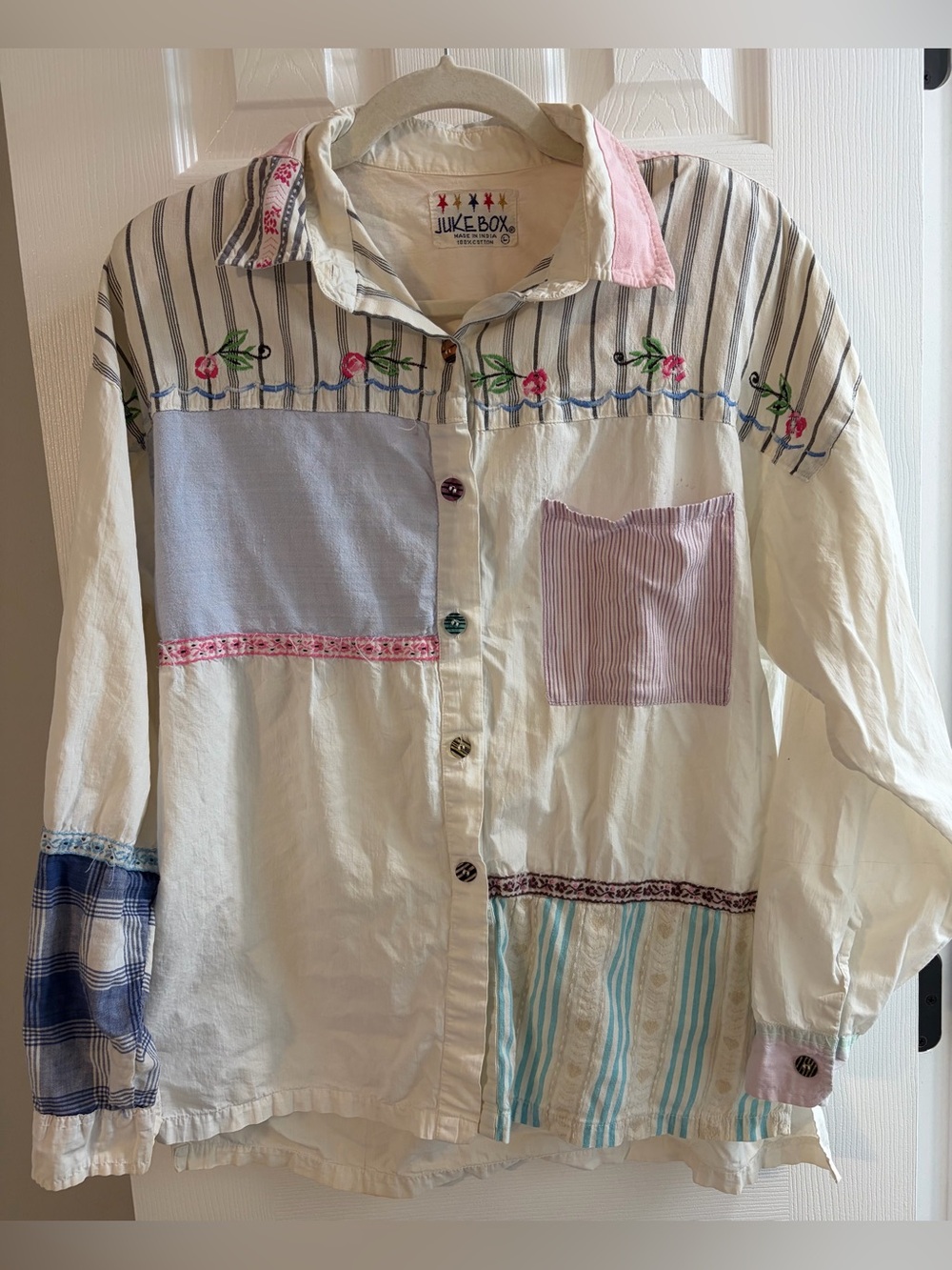 Vintage Jukebox Western Patchwork Embroidered Button-Up Shirt -Multicolor Accent